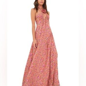 For Love & Lemons Pink Floral Halter-Style Maxi Dress